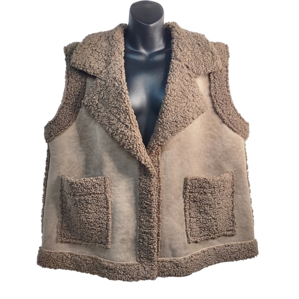 Pink Lily Women's Brown Faux Suede Sherpa Jacket Vest Size XL